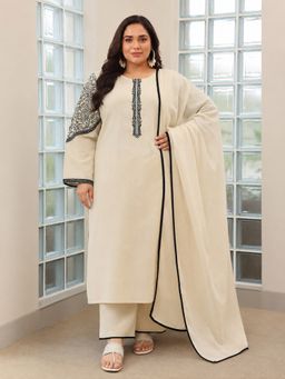 Extra love by Libas - Beige Solid Straight Kurta With Pant & Dupatta
