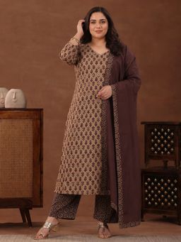 Extra love by Libas - Brown Floral Printed Straight Kurta With Pant & Dupatta