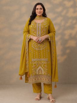 Extra love by Libas - Mustard Floral Embroidered Panelled Straight Kurta With Pant & Dupatta