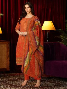 Libas - Orange Floral Motifs Printed Straight Kurta With Pant & Dupatta
