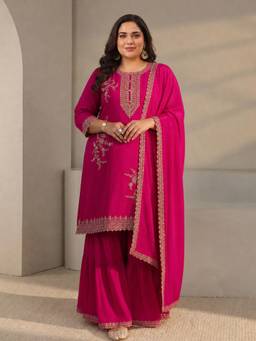 Extra love by Libas - Plus Size Pink Floral Embroidered Chinon Sharara Suit Set With Dupatta