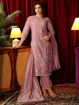 Libas - Pink Floral Embroidered Straight Kurta With Pant & Dupatta