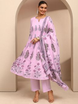Libas - Lavender Floral Panelled Anarkali Kurta With Pant & Dupatta
