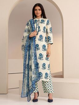 Libas - Off White Floral Printed Straight Kurta With Pant & Dupatta