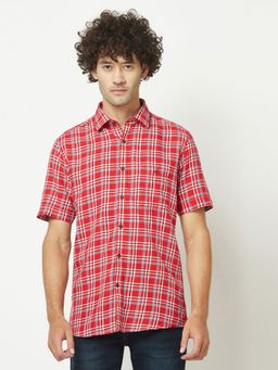CRIMSOUNE CLUB - Men Red Short-Sleeved Flannel Shirt