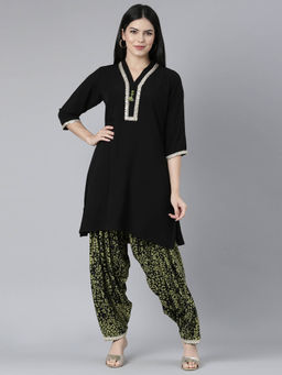 NEERU'S - Black Printed Lace Work Kurta With Salwar (Set of 2)