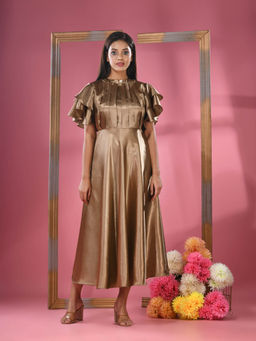 CHARUKRITI - Dark Beige Satin Midi Dress with Ruffle Sleeves