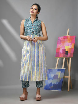 CHARUKRITI - White and Teal Cotton Floral Print Stripes Kurta with Pant (Set of 2)