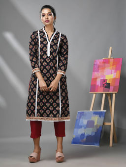 CHARUKRITI - Black Cotton Floral Print with Lace Kurta and Pant (Set of 2)