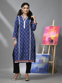 CHARUKRITI - Blue Cotton Floral Print with Lace Kurta and Pant (Set of 2)