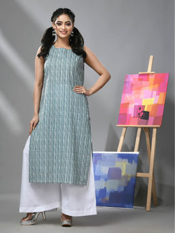 CHARUKRITI - White and Teal Striped Sleeveless Kurta and Palazzo (Set of 2)