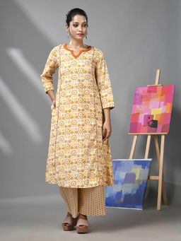 CHARUKRITI - White & Mustard Yellow Cotton Ethnic Prints Kurta and Palazzo (Set of 2)