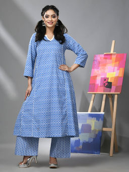 CHARUKRITI - Blue Cotton Ethnic Prints Kurta and Palazzo (Set of 2)