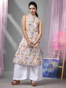 CHARUKRITI - White and Blue Cotton High Neck Tribal Printed Kurta with Palazzo (Set of 2)