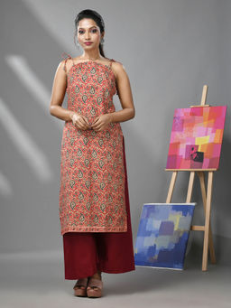 CHARUKRITI - Red Cotton Paisley Printed Kurta with Noodle Straps and Palazzo (Set of 2)