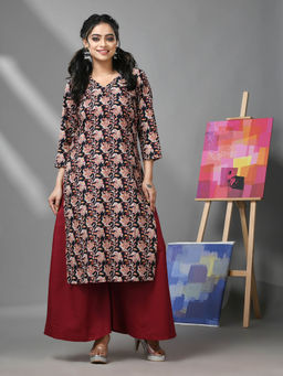 CHARUKRITI - Black and Maroon Cotton Floral Printed Kurta with Palazzo (Set of 2)