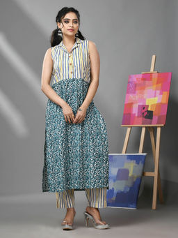 CHARUKRITI - White and Teal Cotton Floral Print Stripes Kurta with Pant (Set of 2)