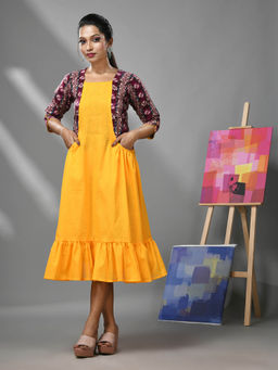 CHARUKRITI - Yellow Cotton Ruffled Dress with Printed Attached Jacket