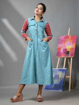 CHARUKRITI - Sky Blue Cotton Printed Sleeves Dress