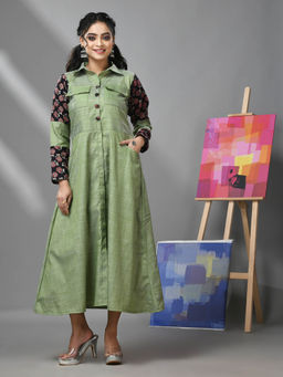 CHARUKRITI - Pistachio Green Cotton Printed Sleeves Dress