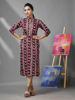 CHARUKRITI - Plum Rayon Ethnic Printed Kurta