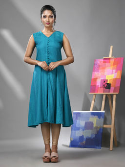 CHARUKRITI - Sapphire Blue Rayon Self-Woven Pattern Kurta