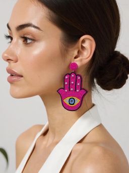 Digital Dress Room - Colourful Beaded Hot Pink Evil Eye and Hamsa Drop Design Earrings