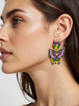 Digital Dress Room - Colourful Beaded Butterfly and Flowers Design Dangler Earring