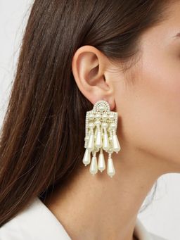 Digital Dress Room - White Mini Beaded Abstract Geometric Pearl Design Earring
