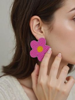 Digital Dress Room - Colourful Beaded Pink Flower Design Stud Earring