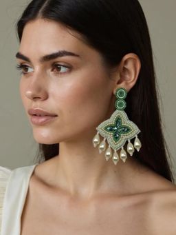 Digital Dress Room - Colourful Beaded Green Geometric Flower With Pearl Drop Earring