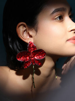 Sohi - Women's The Enamel Tendril-Bloomara Drop Earrings - Carmine Red