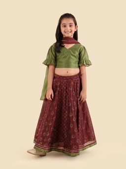 Fabindia - Brown Cotton Silk Regular Lehenga With Choli & Dupatta