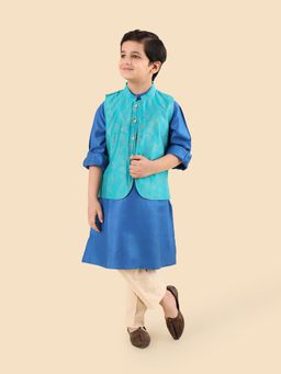 Fabindia - Blue Viscose Blend Regular Kurta With Nehru Jacket & Pyjama