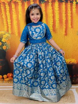 BownBee - Blue Chanderi Flared Choli With Lehenga & Dupatta