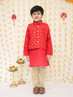 BownBee - Red Cotton Regular Kurta With Nehru Jacket & Pyjama