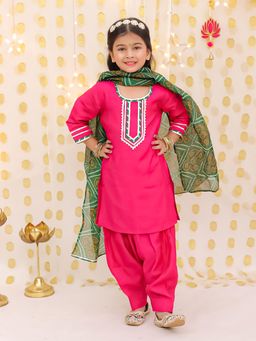 BownBee - Pink Silk Blend Regular Kurti With Salwaar & Dupatta