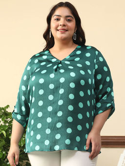 Oxolloxo - Women Plus Size Green Satin Chiffon Polka Dot Print V-Neck Pleated Top