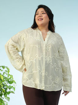 Oxolloxo - Women Plus Size White Embroidered MandarinNeck Long Sleeve Cotton Shirt