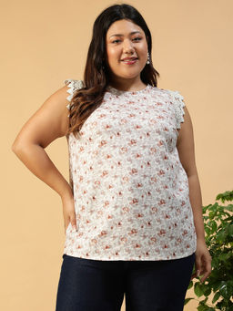 Oxolloxo - Women Plus Size White Floral Print Round Neck Lace Detail Top