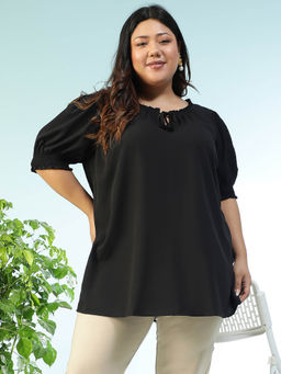 Oxolloxo - Women Plus Size Black Keyhole Neck With Ruffle and Tie -Up Top