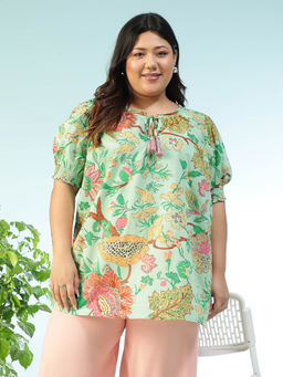 Oxolloxo - Women Plus Size Green Floral Print Keyhole Neck With Ruffle and Tie -Up Top