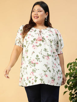 Oxolloxo - Women Plus Size White Floral Print Keyhole Neck With Ruffle and Tie -Up Top