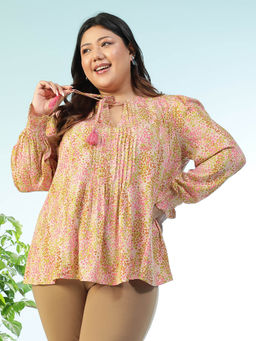 Oxolloxo - Women Plus Size Multicolor Printed Keyhole Neck Tie -Up Top