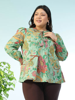 Oxolloxo - Women Plus Size Green Floral Print Keyhole Neck Tie -Up Top