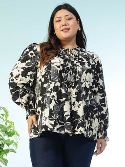 Oxolloxo - Women Plus Size Black Floral Print Keyhole Neck With Tie -Up Top