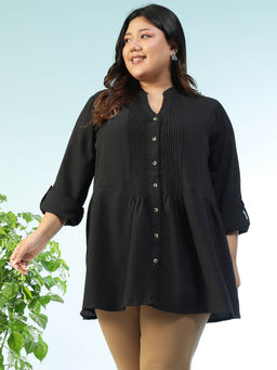 Oxolloxo - Women Plus Size Textured Black Mandarin Neck Pleated Shirt