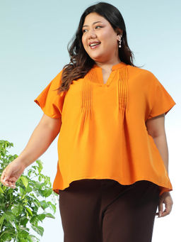 Oxolloxo - Women Plus Size Solid Mustard Mandarin Neck Pleated Detail Top