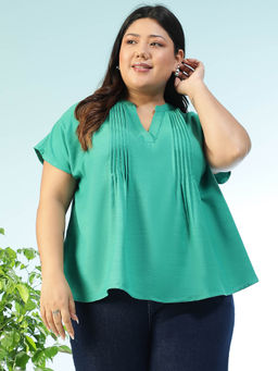 Oxolloxo - Women Plus Size Solid Green Mandarin Neck Pleated Detail Top