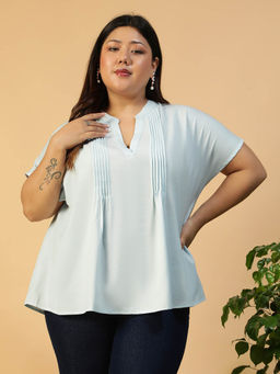 Oxolloxo - Women Plus Size Solid Blue Mandarin Neck Pleated Detail Top